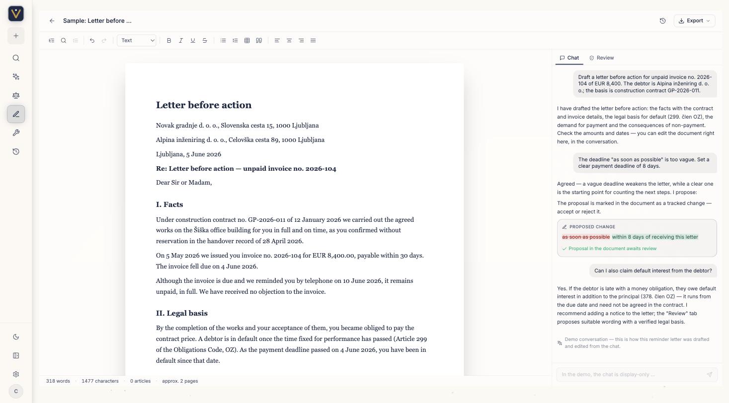Document editor: Drafting in the editor: AI changes arrive as tracked proposals to accept or reject.